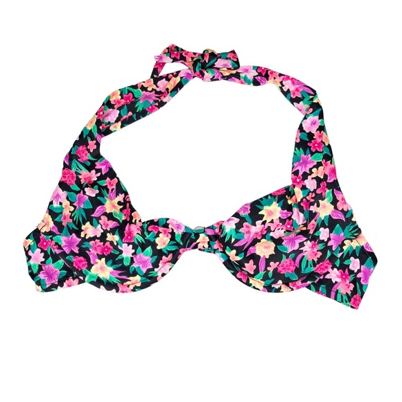 Victoria's Secret Other - Victoria's Secret Vintage Bikini Top Halter Tie Floral Padded Black Pink 34B